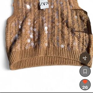 ZARA Camel Sequin Cable Knit Cropped Sweater Vest